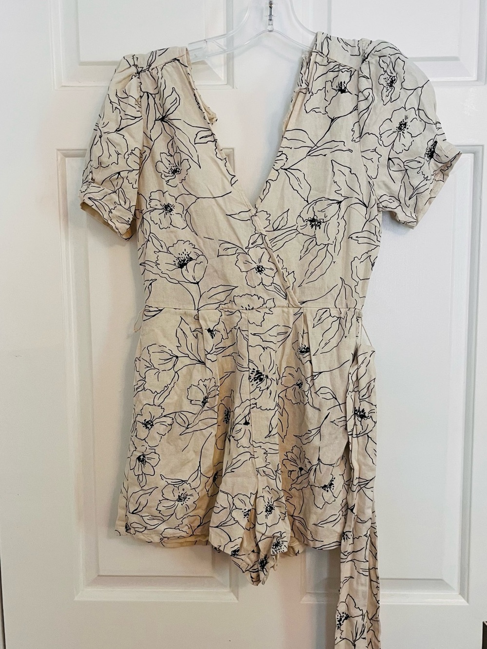 Lush Cream Floral Wrap Romper with Black Line Print